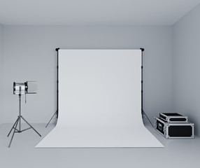 Realistic photo studio with lighting, softboxes on tripod stands and spotlights equipment. 3d render image