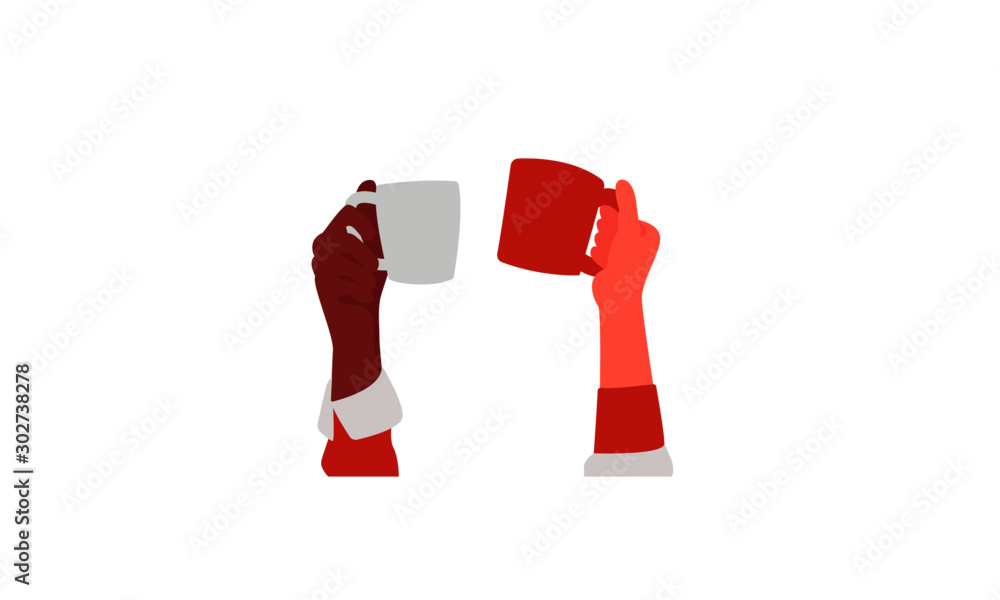 Hands with coffee cups vector illustration. Diverse female hand holding ...
