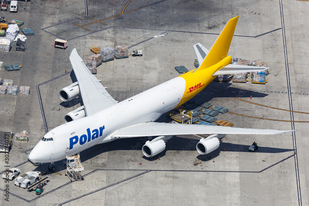 Polar Air Cargo Boeing 747-8F airplane Los Angeles airport aerial