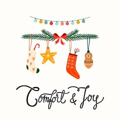 Wall Mural - christmas greeting card with seasonal decorations and hand lettering