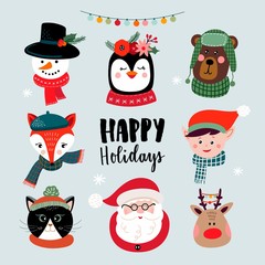 Wall Mural - christmas greeting card with cute characters and hand lettering