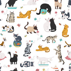 Wall Mural - Cartoon cat characters seamless pattern. Different cat`s poses, yoga and emotions set. Flat simple style design