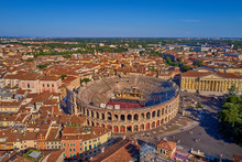 Verona Arena Aerial Panoramic View. Arena Is A Roman Amphitheatre In Piazza Bra, Italy. 