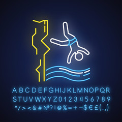 Poster - Cliff diving neon light icon. Watersports, extreme kind of sport. Recreational outdoor activity on big height. Glowing sign with alphabet, numbers and symbols. Vector isolated illustration