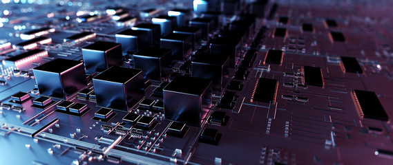 printed circuit board futuristic server/circuit board futuristic server code processing. orange, gre