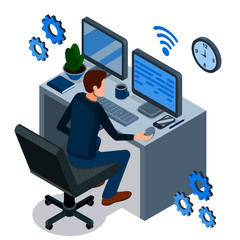 Wall Mural - isometric programming concept. programmer is working at his work place, over him are abstract icons 