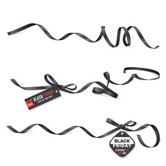 Wall Mural - Vector set of narrow curved black ribbons with 3D small bows and tags of black friday’s discount offers. Realistic elements for gift cards, sale vouchers and certificates. Isolated from the background