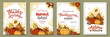 Set of Thanksgiving greeting cards and invitations with pumpkins, leaves, handwritten lettering. Vector illustration for a Thanksgiving dinner, harvest festival. Template for poster, banner, cards