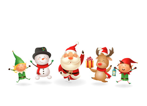 Christmas Friends Elves Santa Snowman and Reindeer celebrate holidays - jumping singing dancing - vector illustration isolated on transparent background