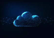 Futuristic Glowing Low Polygonal Cloud Computing Technologies Concept On Dark Blue Background.