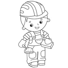 Coloring Page Outline Of Cartoon Builder With Handcart. Profession. Coloring Book For Kids.