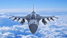 Fighter Jet Plane In Flight, Military Aircraft, Army Airplane Flying In Sky With Clouds, Front Top View, 3D Rendering