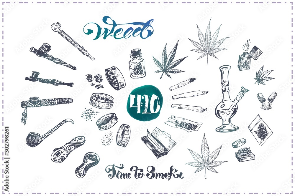 Pipes, bong and joint for medical marijuana smoking, cannabis leaves  grinder. Calligraphy - time to smoke weed isolated on black chalk  background. Vector illustrations set Stock Vector | Adobe Stock, image size:1000x666