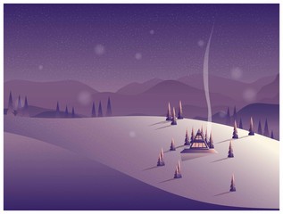 Vector illustration of minimal winter night scene background.A lonely cabin in the mountain.With noise and grainy texture.