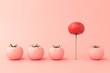 canvas print picture - Different concept idea. Red tomatoes floating among pink tomatoes. Stand out from the crowd minimal concept. 3D illustrations.