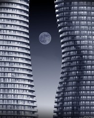 Two dark futuristic curvy buildings with the full moonin the middle at night