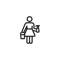 Cleaning person thin line icon. Woman with detergent, cleaner, housekeeping isolated outline sign. Home services concept. Vector illustration symbol element for web design and apps