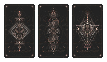 Wall Mural - Vector set of three dark backgrounds with sacred symbols, grunge textures and frames. Illustration in black and gold colors.