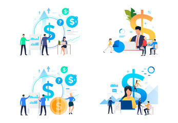 Wall Mural - Set of business people working on computers and with statistics. Flat vector illustrations. Development, optimization, teamwork. Finance concept for banner, website design or landing web page