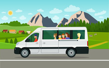 Minivan With Passengers On The Background Of A Country Landscape. Vector Flat Style Illustration.