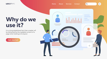 Wall Mural - Business people examining documentation. Analysis, commerce, finance flat vector illustration. Marketing concept for banner, website design or landing web page