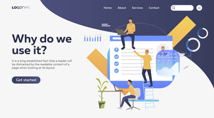 Business people working with information on computers. Chart, data, management flat vector illustration. Business concept for banner, website design or landing web page
