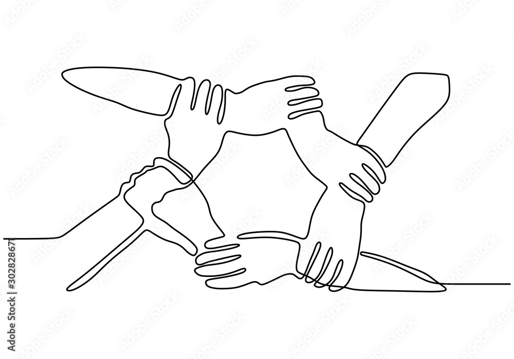 Continuous one line drawing of join hands puzzle business metaphor of teamwork. Vector illustration unity, strength, and togetherness. - obrazy, fototapety, plakaty 
