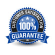 100 customer satisfaction guarantee badge with blue ribbon on top
