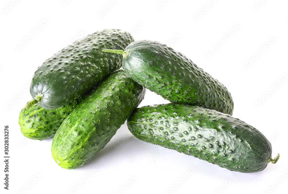 Fresh green cucumbers on white background