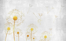 Golden Dandelions With Flying Seeds On A Gray Spotted Background