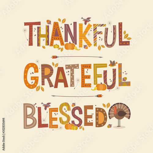 Decorative Lettering Thankful Grateful Blessed Autumn Design