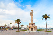 Konak Square View With Palm Trees And Old Clock Tower