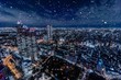 雪が降る新宿の夜景イメージ（合成）
