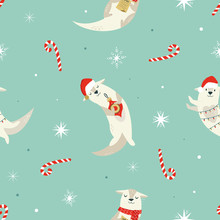 Cute Christmas Seamless Pattern With Holiday Otter