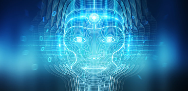 Robotic woman cyborg face representing artificial intelligence 3D rendering