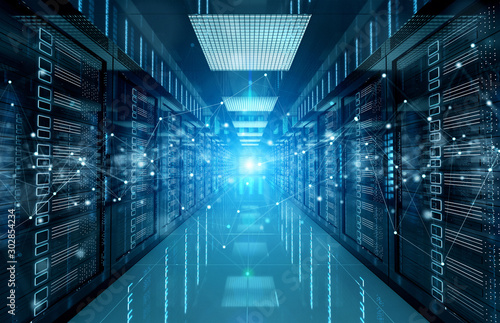 Cuadros en Lienzo Connection network in servers data center room storage systems 3D rendering