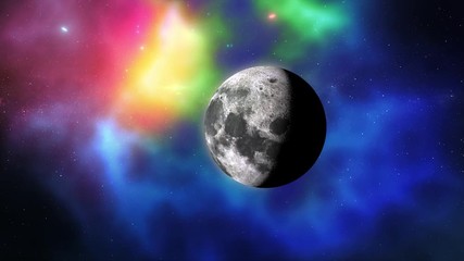 Wall Mural - Moon rotates around its axis and approaching away in the colored galaxy. Earth's natural satellite - animation motion. Video contains: Moon, Luna, Milky Way, Space, Planet, Galaxy, Stars, Cosmos. 4k