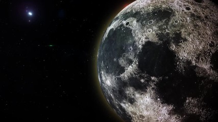 Wall Mural - Realistic moon flies very close. Earth's natural satellite - animation motion. Black Milky Way in background.