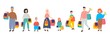 © pushkaash - People shopping in mall vector cartoon characters set. Family with children and shopping bags. Collection of people carrying shopping bags with purchases. Men and women taking part in seasonal sale at