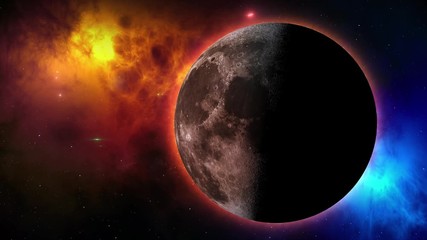 Wall Mural - Moon rotates around its axis and approaching away in the colored galaxy. Earth's natural satellite - animation motion. Video contains: Moon, Luna, Milky Way, Space, Planet, Galaxy, Stars, Cosmos. 4k