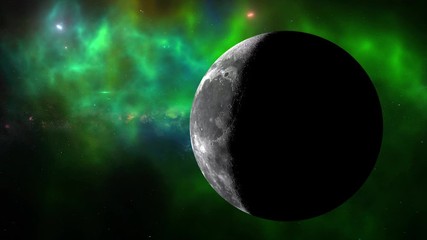Wall Mural - Moon rotates around its axis and approaching away in the colored galaxy. Earth's natural satellite - animation motion. Video contains: Moon, Luna, Milky Way, Space, Planet, Galaxy, Stars, Cosmos. 4k