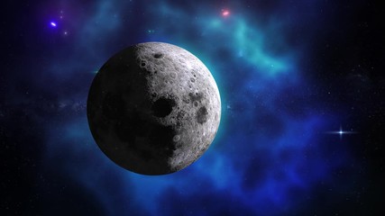 Wall Mural - Moon rotates around its axis and approaching away in the colored galaxy. Earth's natural satellite - animation motion. Video contains: Moon, Luna, Milky Way, Space, Planet, Galaxy, Stars, Cosmos. 4k
