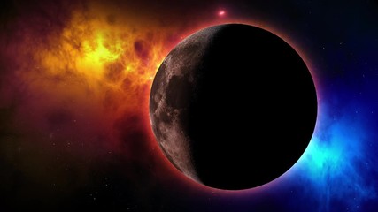 Wall Mural - Moon rotates around its axis and approaching away in the colored galaxy. Earth's natural satellite - animation motion. Video contains: Moon, Luna, Milky Way, Space, Planet, Galaxy, Stars, Cosmos. 4k