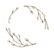 Watercolor Pussy Willow Tree Branch Set. Spring Wreath Hand Drawn Frame, Illustration. Isolated Design Element For Invitations, Greeting Card, Poster, Print Or Label. Halloween Border