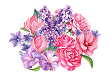 Wedding Bouquet Of Summer Flowers, Bells, Rose, Magnolia, Purple And Pink Flowers, Watercolor Painting 