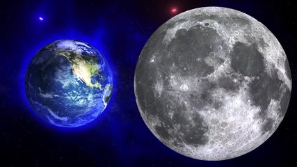 Wall Mural - Blue galaxy with Moon and Planet Earth. Moon and Planet Earth rotating and approach in open space on the blue Milky Way.