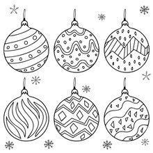 Set Of Hand Drawn Christmas Balls And Snowflake. New Year And X-mas Decorations. Doodle Line Illustration For Coloring Page.