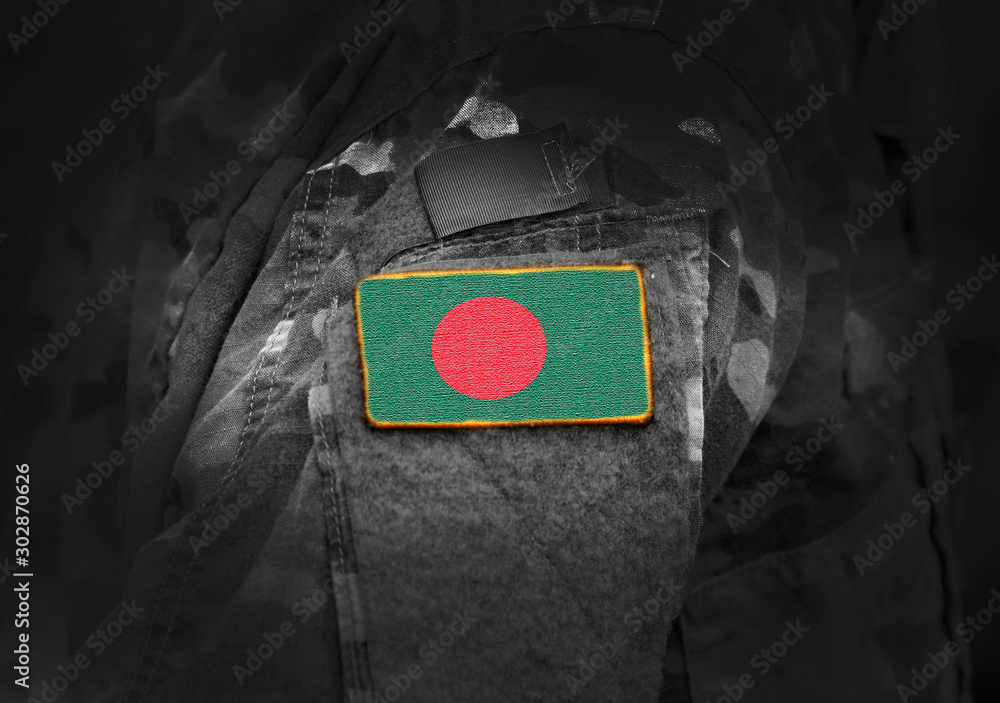 Flag of Bangladesh on military uniform. Army, troops, soldiers. Collage.