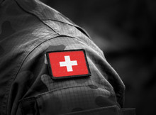Flag Of Switzerland On Military Uniform. Swiss Flag On Soldiers Arm. Armed Forces, Army. Collage.