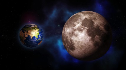 Wall Mural - Blue galaxy with Moon and Planet Earth. Moon and Planet Earth rotating and approach in open space on the blue Milky Way.